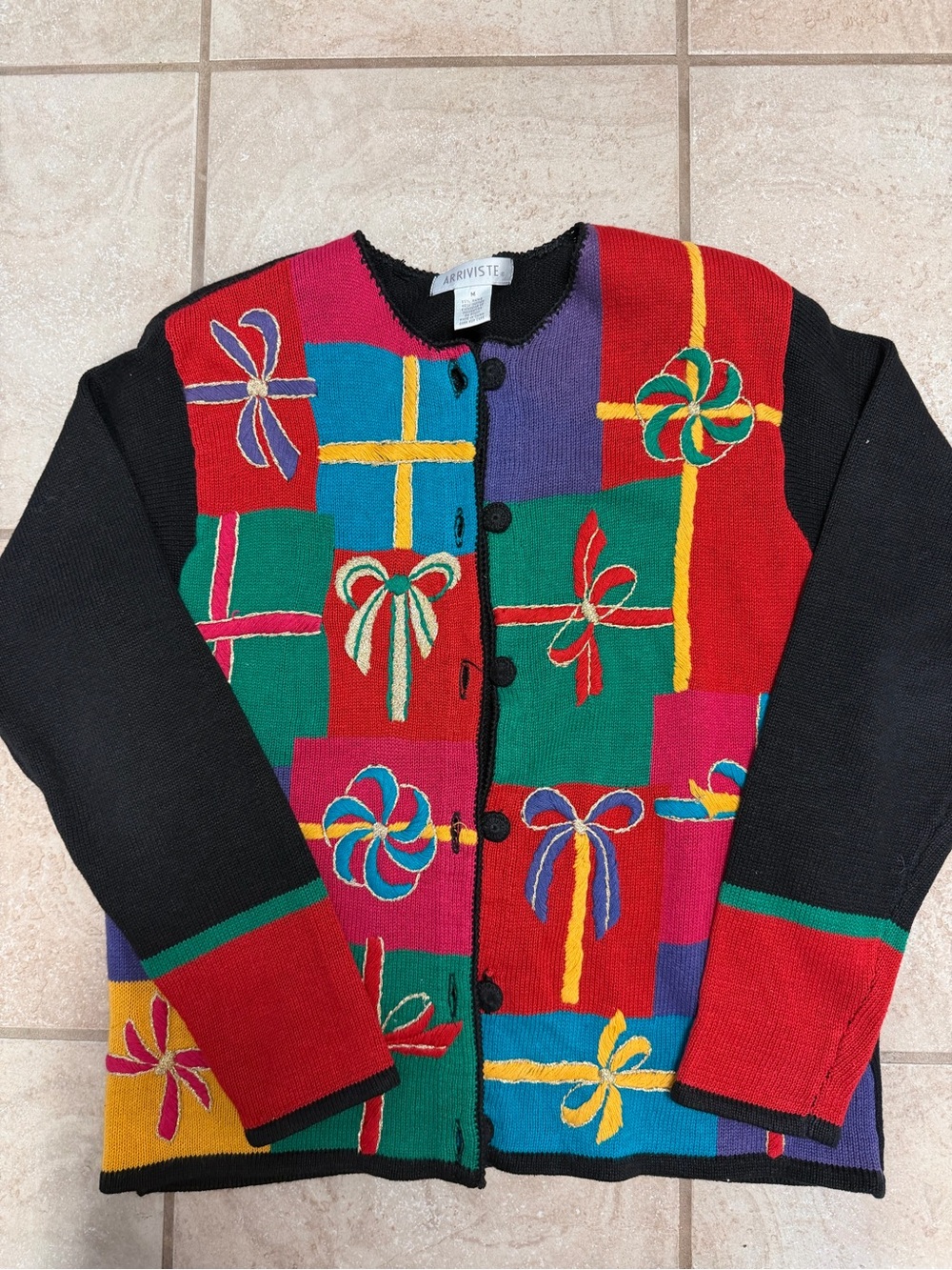 Arriviste Vintage Multicolor Bows Blocks Sweater Cardigan Size Medium